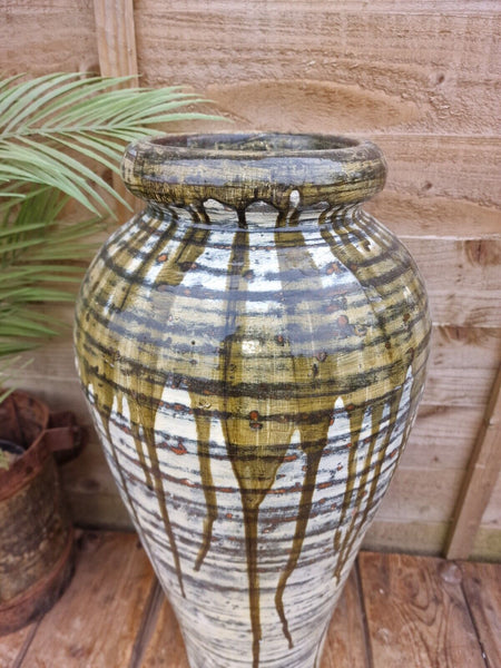 Large Mediterranean Artisan Green Glazed Terracotta Vase Urn Dry Flowers