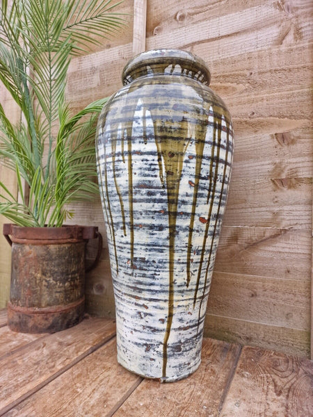 Large Mediterranean Artisan Green Glazed Terracotta Vase Urn Dry Flowers