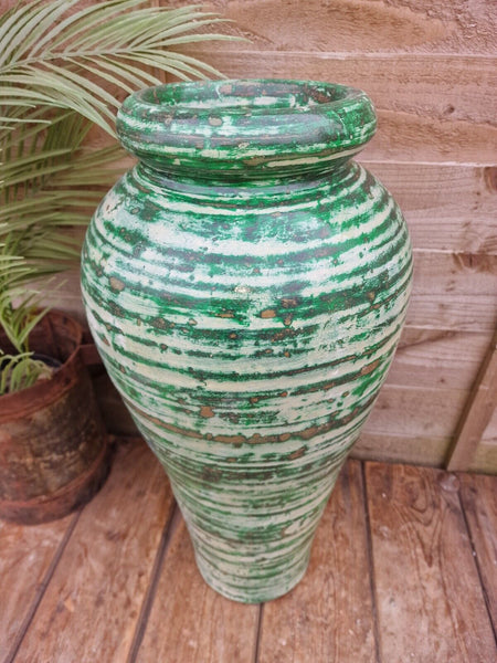 Large Mediterranean Artisan Green Painted Glazed Terracotta Vase Urn Dry Flowers