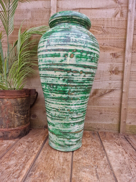 Large Mediterranean Artisan Green Painted Glazed Terracotta Vase Urn Dry Flowers