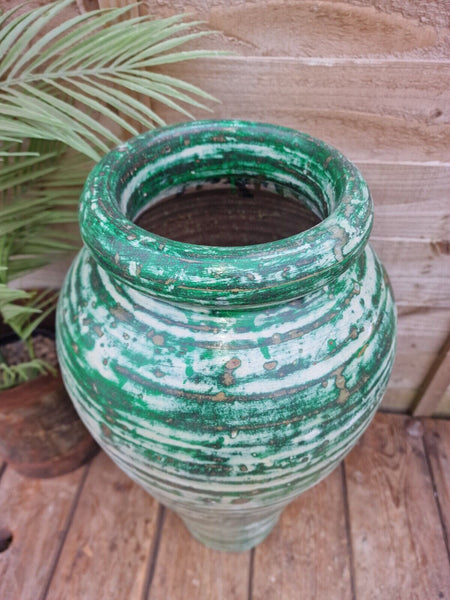 Large Mediterranean Artisan Green Painted Glazed Terracotta Vase Urn Dry Flowers