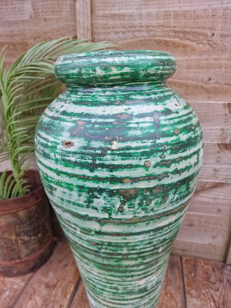 Large Mediterranean Artisan Green Painted Glazed Terracotta Vase Urn Dry Flowers