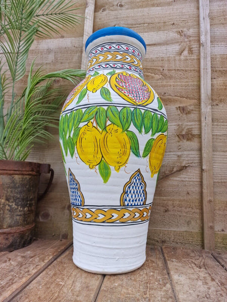 Large Mediterranean Artisan Hand Painted Lemon Terracotta Vase Urn Dry Flowers
