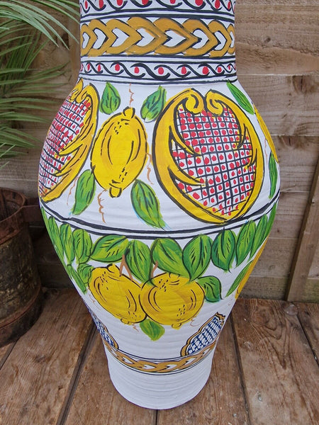 Large Mediterranean Artisan Hand Painted Lemon Terracotta Vase Urn Dry Flowers
