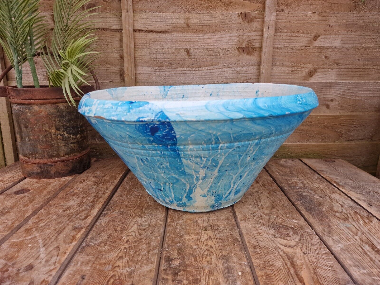 Large Blue Mediterranean Terracotta Hand Painted Garden Planter Bird Bath