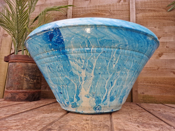 Large Blue Mediterranean Terracotta Hand Painted Garden Planter Bird Bath