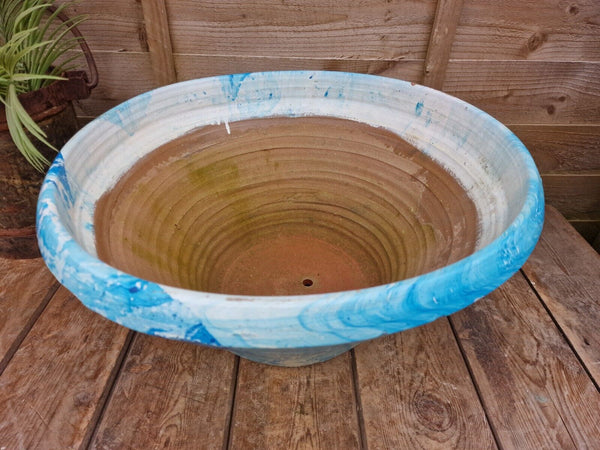 Large Blue Mediterranean Terracotta Hand Painted Garden Planter Bird Bath