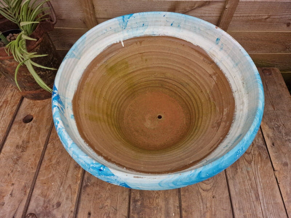 Large Blue Mediterranean Terracotta Hand Painted Garden Planter Bird Bath