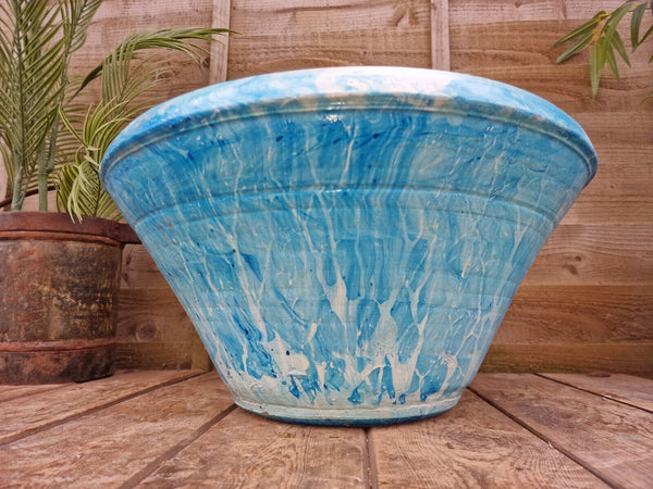 Large Blue Mediterranean Terracotta Hand Painted Garden Planter Bird Bath