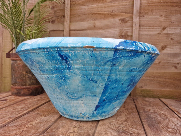 Large Blue Mediterranean Terracotta Hand Painted Garden Planter Bird Bath