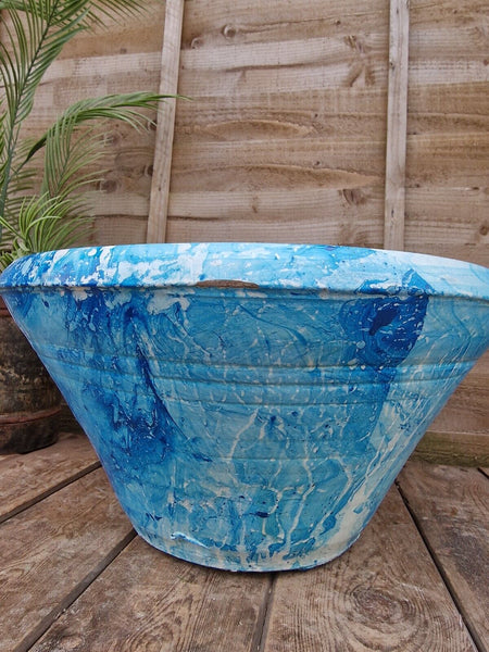 Large Blue Mediterranean Terracotta Hand Painted Garden Planter Bird Bath