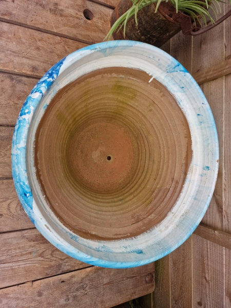Large Blue Mediterranean Terracotta Hand Painted Garden Planter Bird Bath