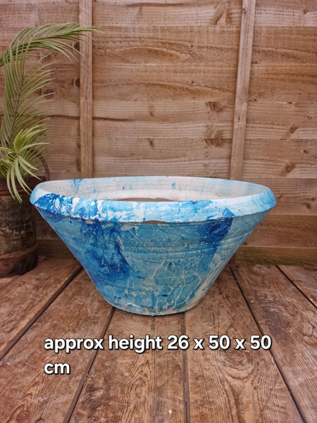 Large Blue Mediterranean Terracotta Hand Painted Garden Planter Bird Bath