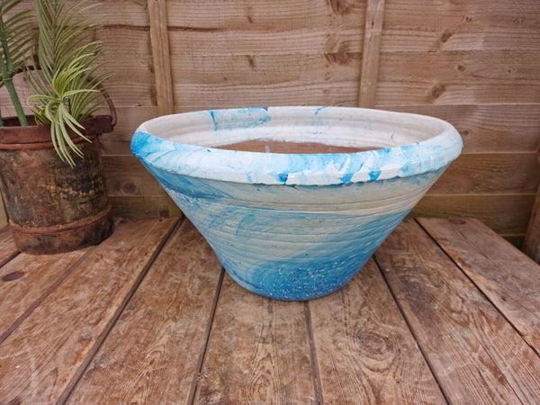 Large Blue Mediterranean Terracotta Hand Painted Garden Planter Bird Bath