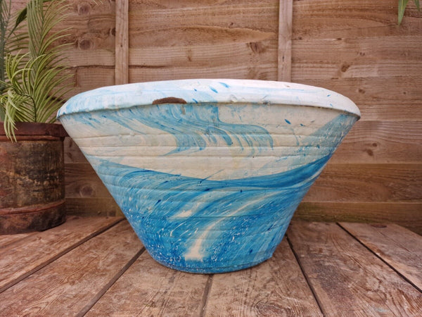 Large Blue Mediterranean Terracotta Hand Painted Garden Planter Bird Bath