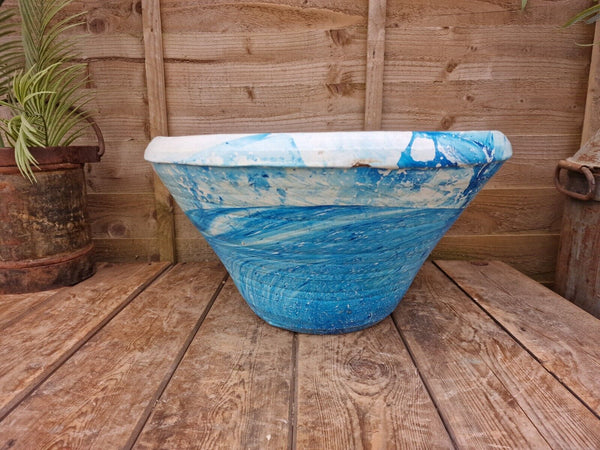 Large Blue Mediterranean Terracotta Hand Painted Garden Planter Bird Bath