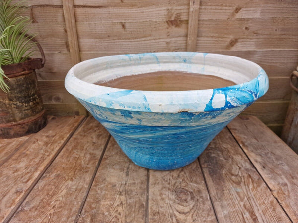 Large Blue Mediterranean Terracotta Hand Painted Garden Planter Bird Bath
