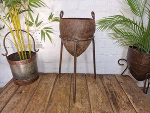 Vintage Rustic Riveted Iron Casting Pot On Stand Garden Planter Plant Pot
