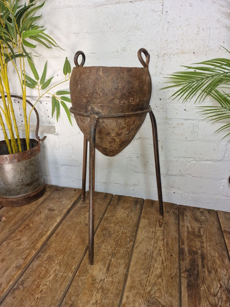 Vintage Rustic Riveted Iron Casting Pot On Stand Garden Planter Plant Pot