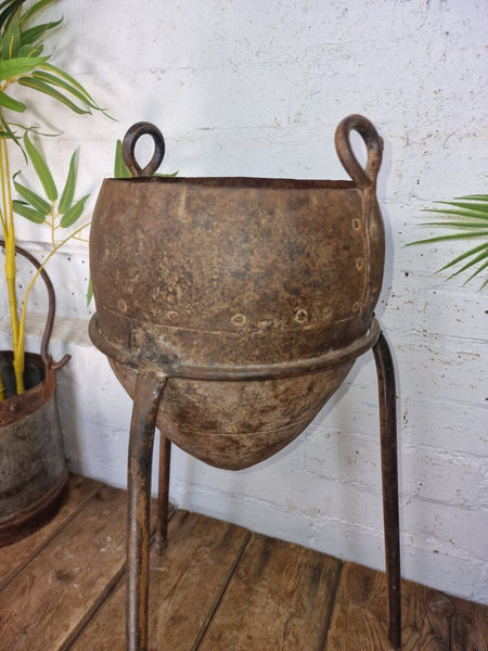 Vintage Rustic Riveted Iron Casting Pot On Stand Garden Planter Plant Pot