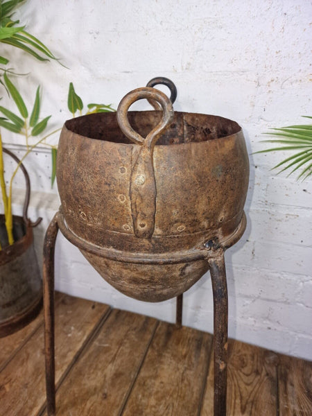 Vintage Rustic Riveted Iron Casting Pot On Stand Garden Planter Plant Pot