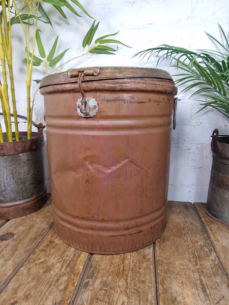 Vintage Indian Industrial Galvanised Metal Rice Grain Storage Drum Bin Cannister