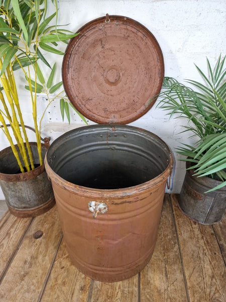 Vintage Indian Industrial Galvanised Metal Rice Grain Storage Drum Bin Cannister