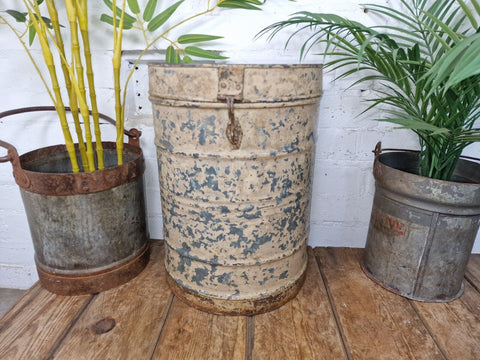 Vintage Indian Industrial Galvanised Metal Rice Grain Storage Drum Bin Cannister