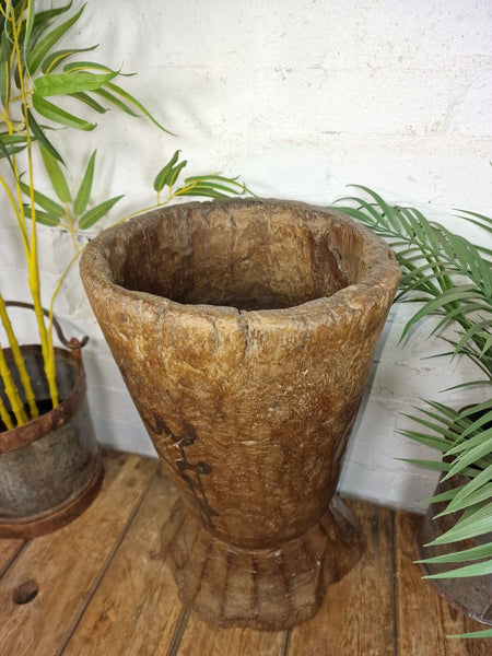 Large Vintage Antique Rustic Wabi Sabi Hand Carved Wooden Grinding  Mortar Bowl