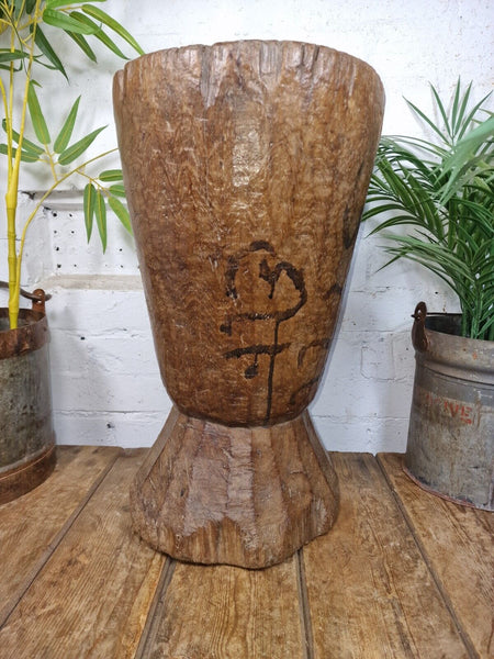 Large Vintage Antique Rustic Wabi Sabi Hand Carved Wooden Grinding  Mortar Bowl