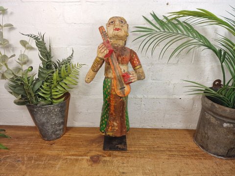 Large Vintage Indian Polychrome Hand Carved Wooden Musician Statue Sculpture