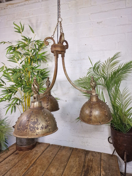 Large Wrought Iron Gothic Style Riveted 3 Arm Chandelier Ceiling Light