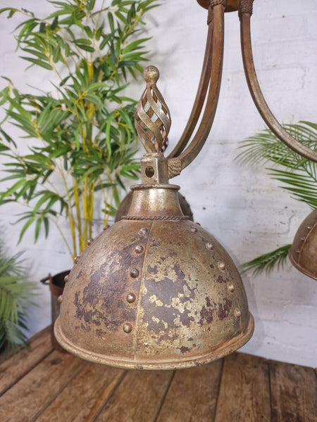 Large Wrought Iron Gothic Style Riveted 3 Arm Chandelier Ceiling Light