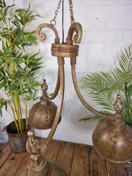 Large Wrought Iron Gothic Style Riveted 3 Arm Chandelier Ceiling Light