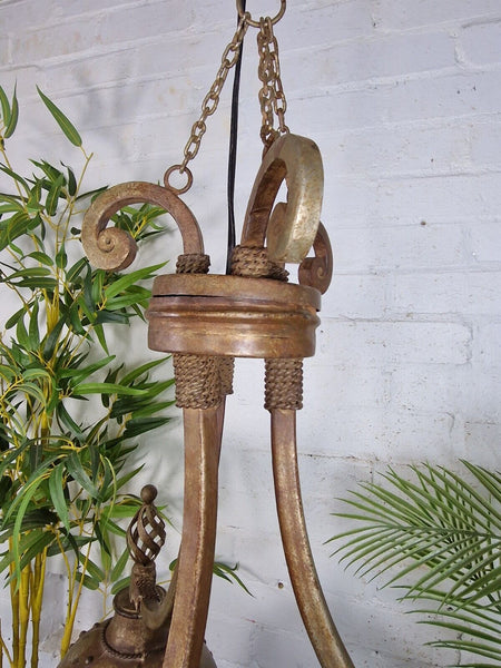 Large Wrought Iron Gothic Style Riveted 3 Arm Chandelier Ceiling Light