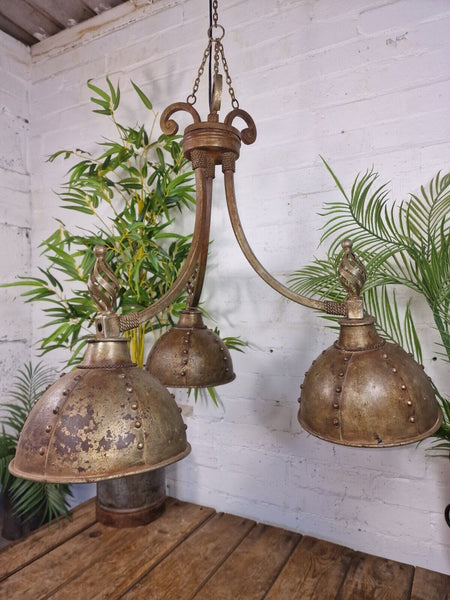 Large Wrought Iron Gothic Style Riveted 3 Arm Chandelier Ceiling Light