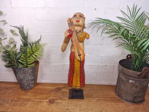 Large Vintage Indian Polychrome Hand Carved Wooden Musician Statue Sculpture
