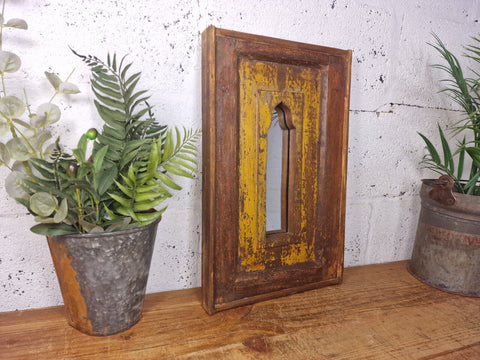 Vintage Rustic Reclaimed Indian Temple Wooden Bathroom Hallway Wall Mirror