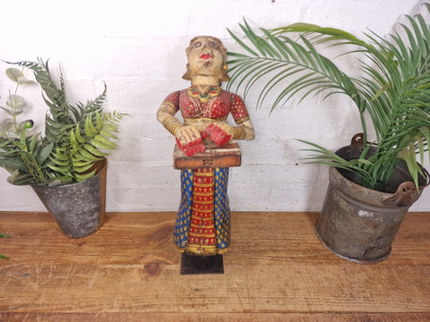 Large Vintage Indian Polychrome Hand Carved Wooden Musician Statue Sculpture