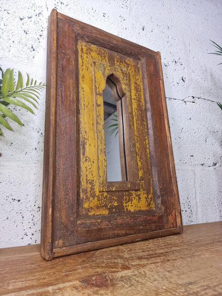 Vintage Rustic Reclaimed Indian Temple Wooden Bathroom Hallway Wall Mirror