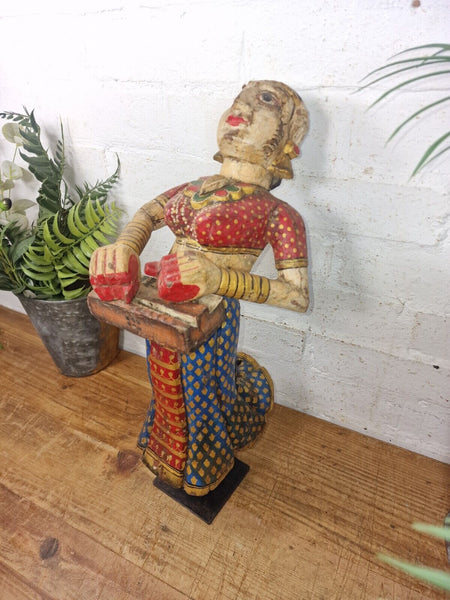 Large Vintage Indian Polychrome Hand Carved Wooden Musician Statue Sculpture