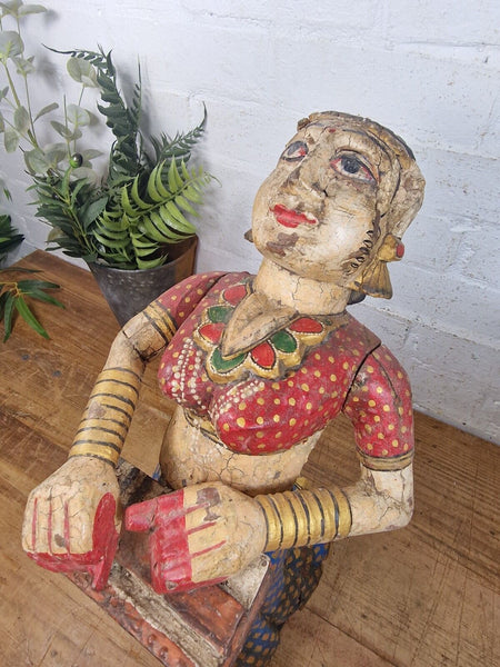 Large Vintage Indian Polychrome Hand Carved Wooden Musician Statue Sculpture