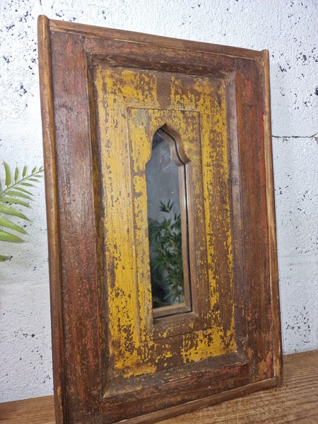 Vintage Rustic Reclaimed Indian Temple Wooden Bathroom Hallway Wall Mirror