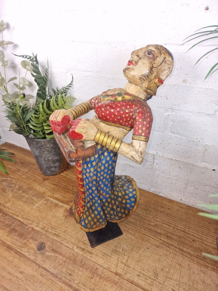 Large Vintage Indian Polychrome Hand Carved Wooden Musician Statue Sculpture