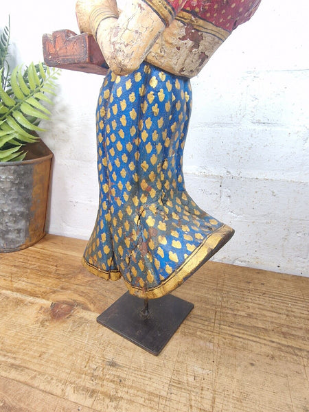 Large Vintage Indian Polychrome Hand Carved Wooden Musician Statue Sculpture