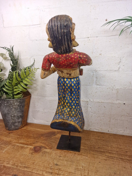 Large Vintage Indian Polychrome Hand Carved Wooden Musician Statue Sculpture