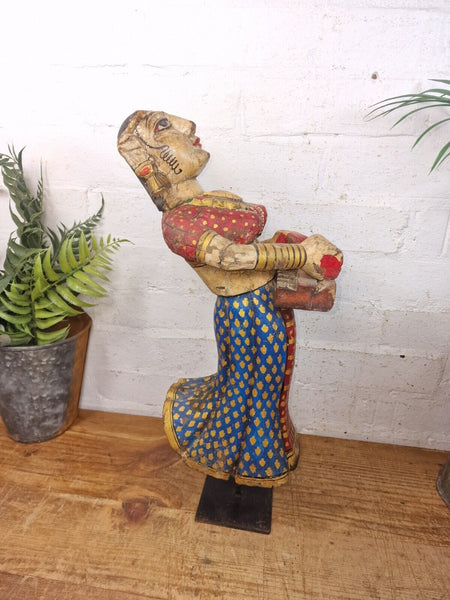 Large Vintage Indian Polychrome Hand Carved Wooden Musician Statue Sculpture