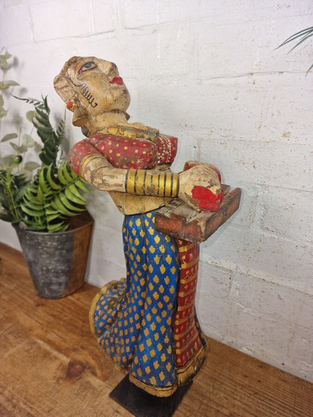 Large Vintage Indian Polychrome Hand Carved Wooden Musician Statue Sculpture