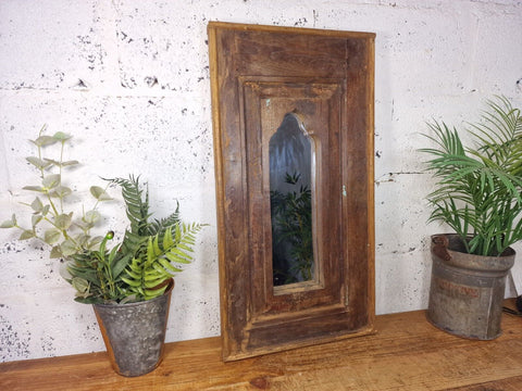 Vintage Rustic Reclaimed Indian Temple Wooden Bathroom Hallway Wall Mirror