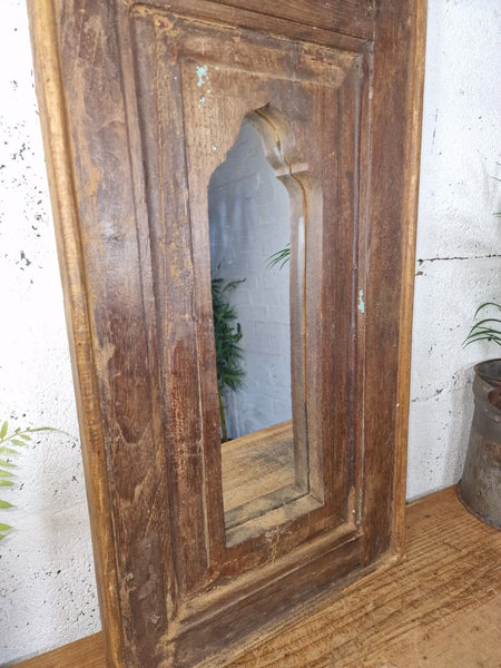 Vintage Rustic Reclaimed Indian Temple Wooden Bathroom Hallway Wall Mirror